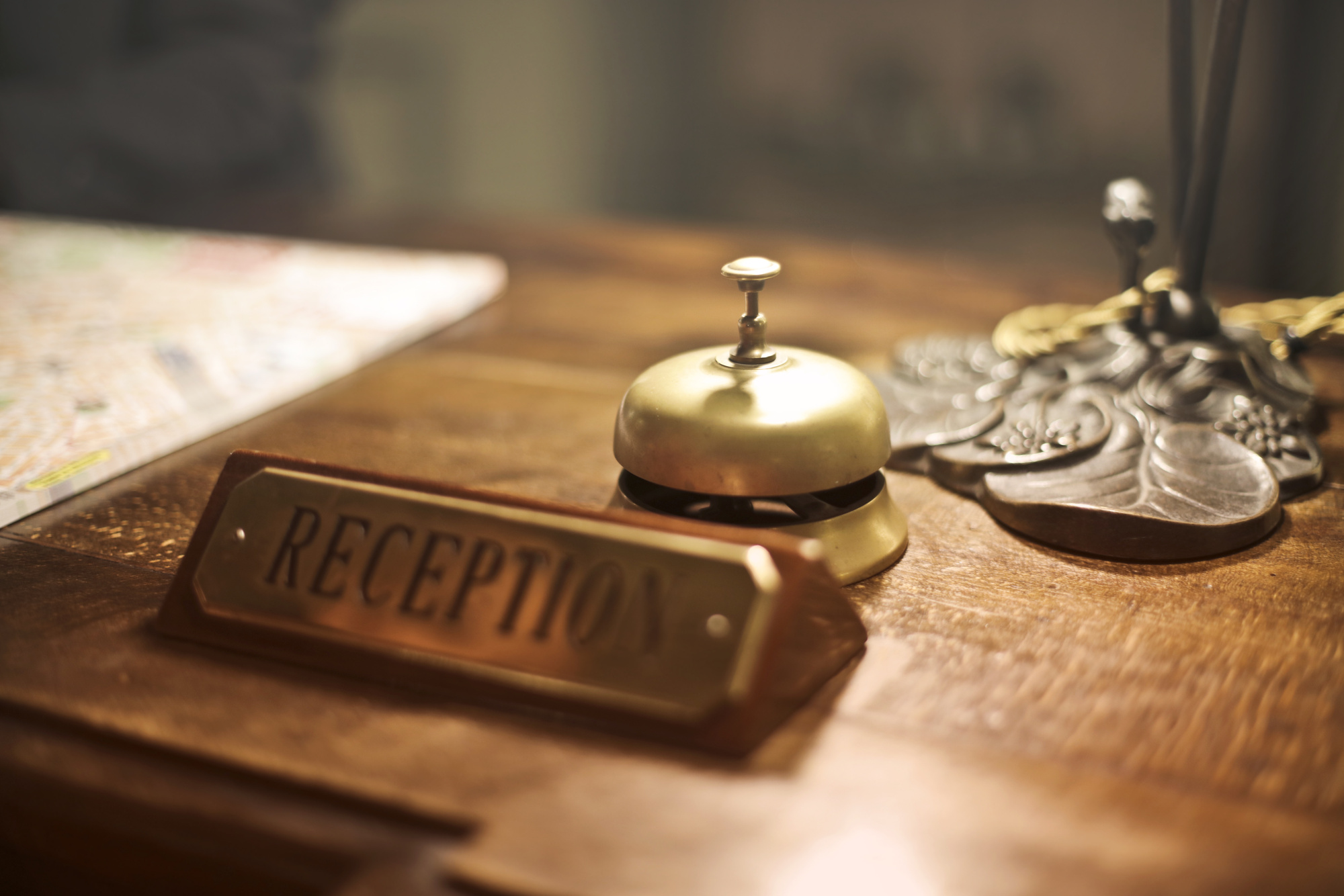 Reception desk with antique hotel bell